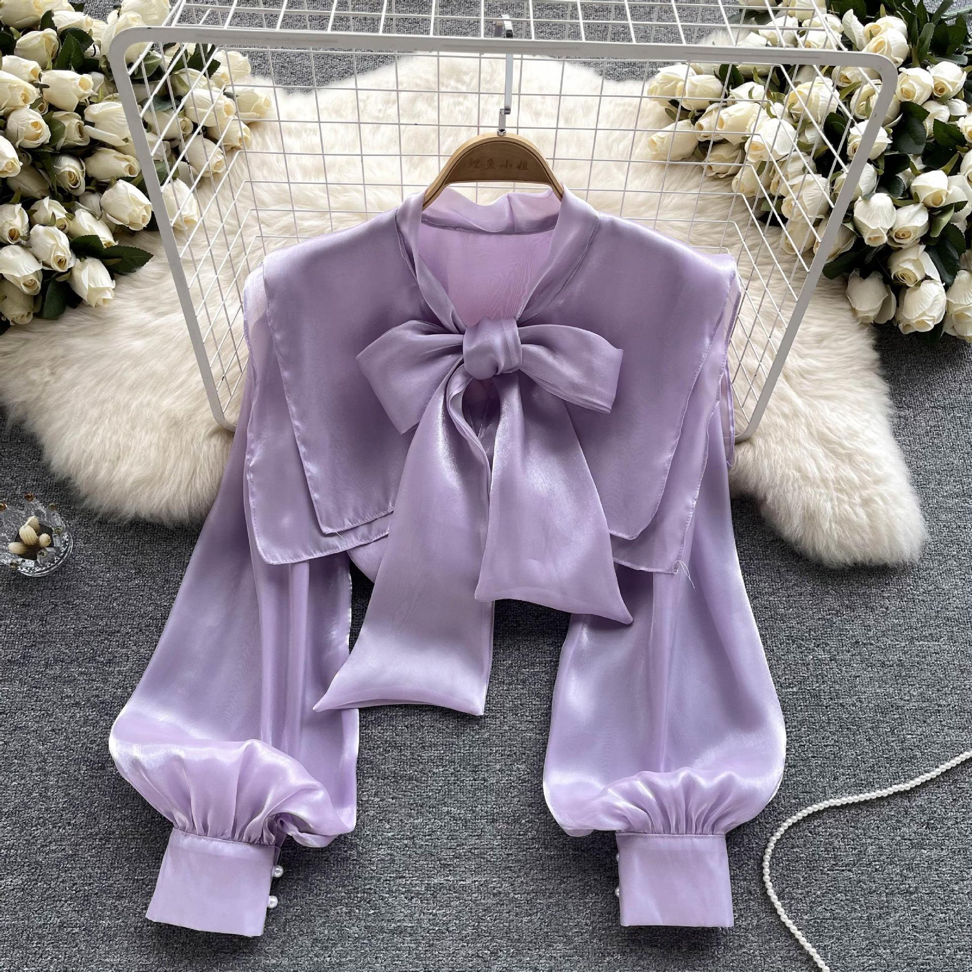 French Sweet Bowknot Lantern Sleeve Blouse - Women's Elegant Autumn Dress Top with Streamer Details | Perfect for Fall Weddings, Office Wear & Date Night Outfits