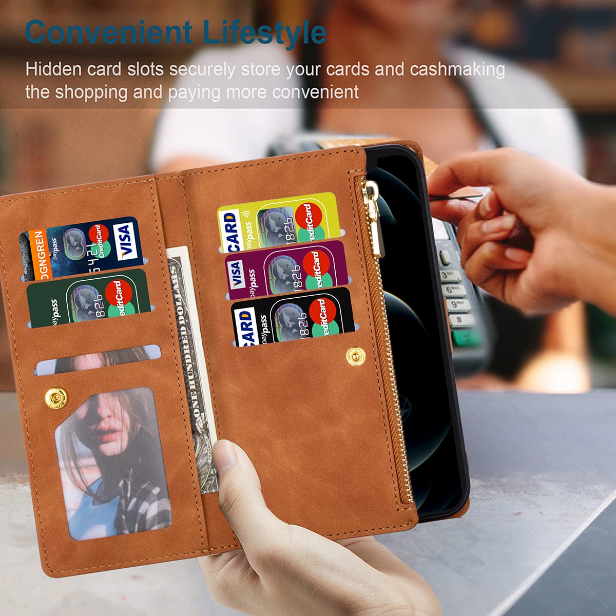 Magnetic Leather Zipper Wallet Case for iPhone 13 (6.1 inch) - Flip Cover with Wrist Strap, Card Holder & Kickstand | Perfect for Travel, Shopping & Everyday Use