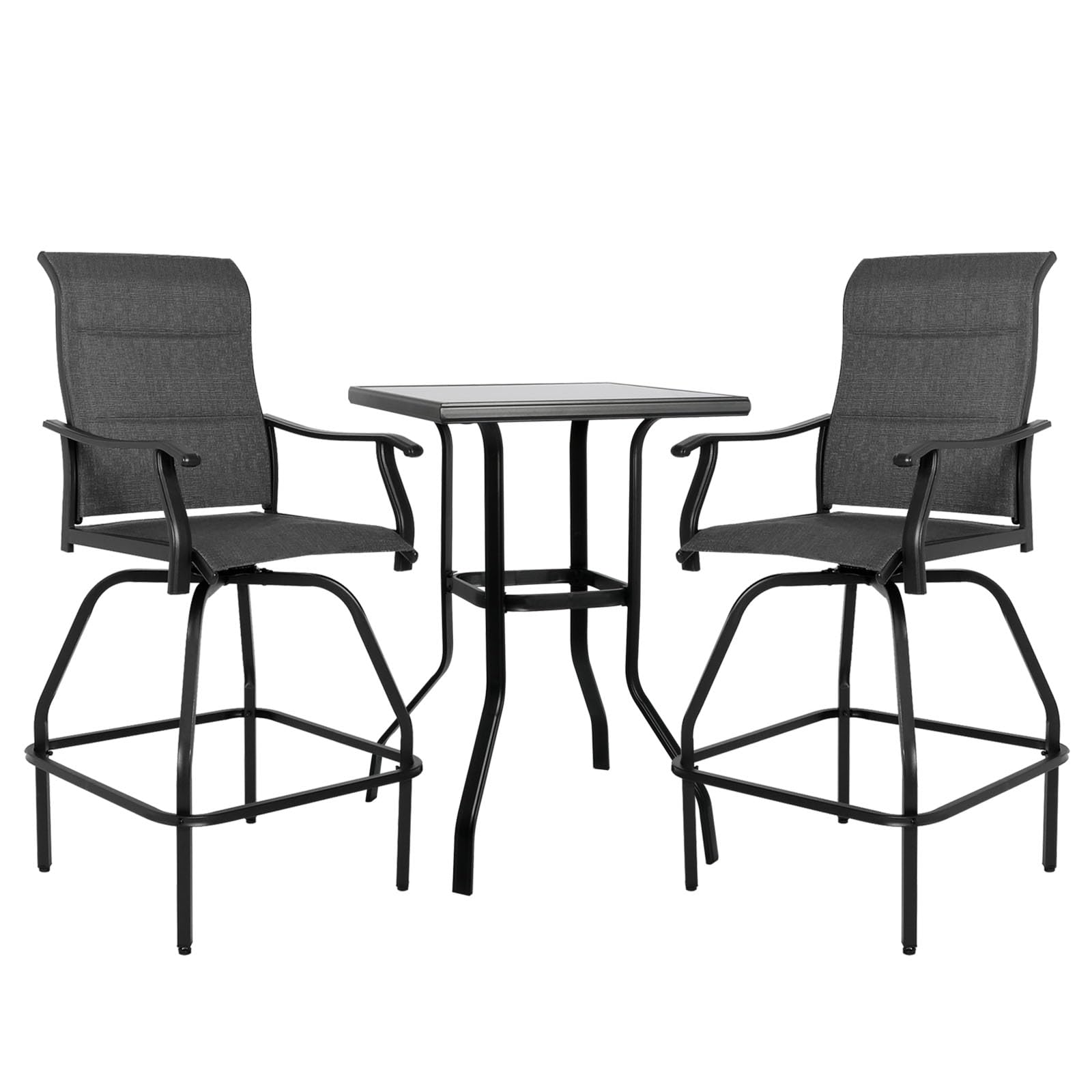 LEVELEVE 3-Piece Patio Bar Set with Swivel Bar Stools & Height-Adjustable Table - Outdoor Bistro Furniture, Textilene All-Weather, Grey Padded (Perfect for Backyard, Deck, Poolside & Garden Relaxation)