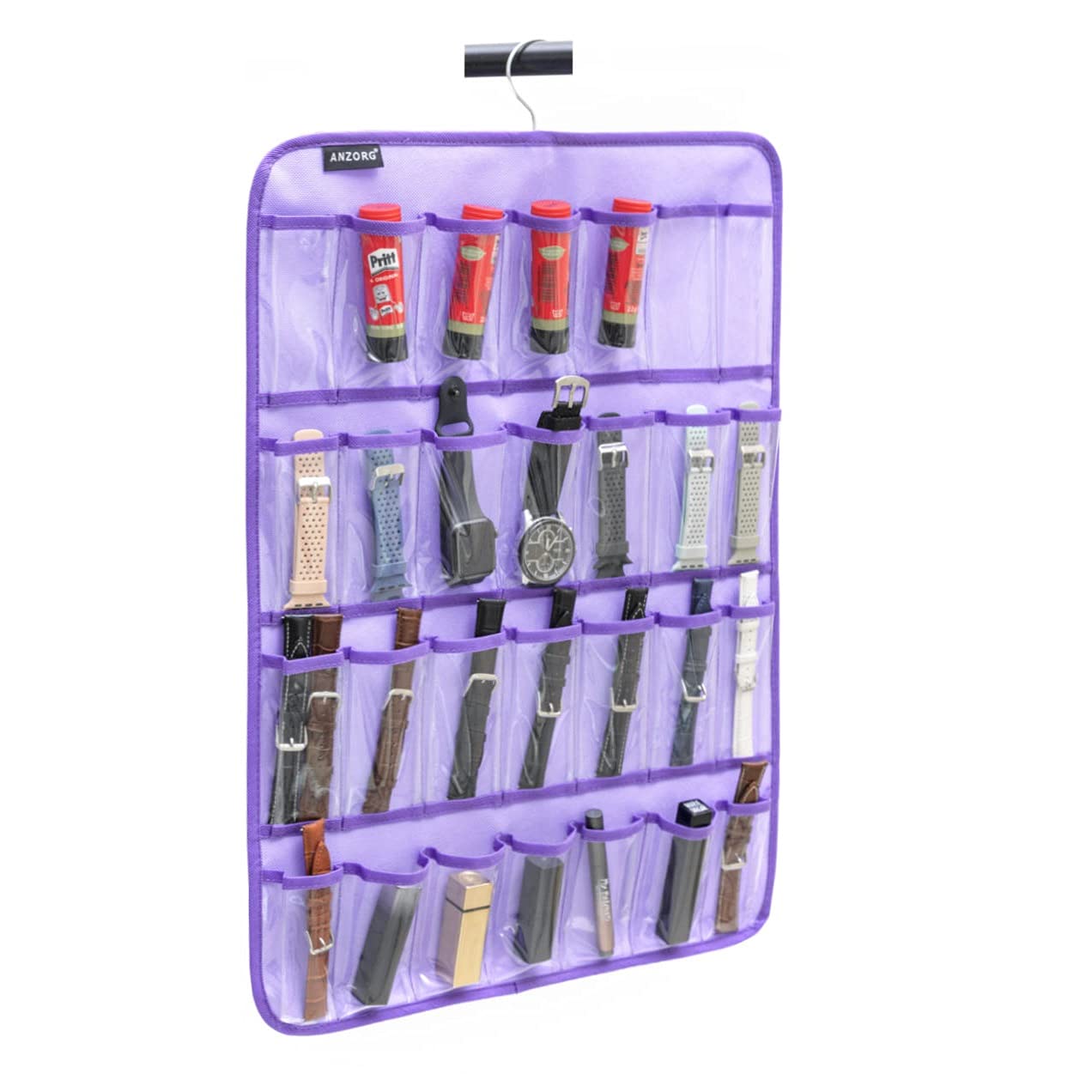 Premium Hanging Watch Band Organizer with 28 Clear Pockets - Purple Watch Straps Storage Display Case for Men & Women | Perfect for Watch Collections, Travel, and Retail Store Display