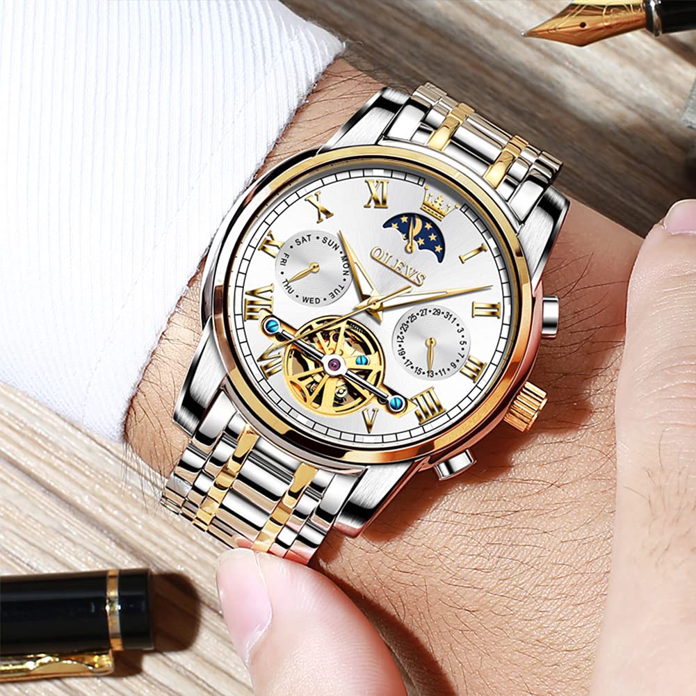OLEVS Men's Automatic Mechanical Tourbillon Watch - Self-Winding Luxury Stainless Steel Waterproof Wristwatch with Luminous Hands & Date Display - Perfect for Business, Formal Events & Everyday Wear