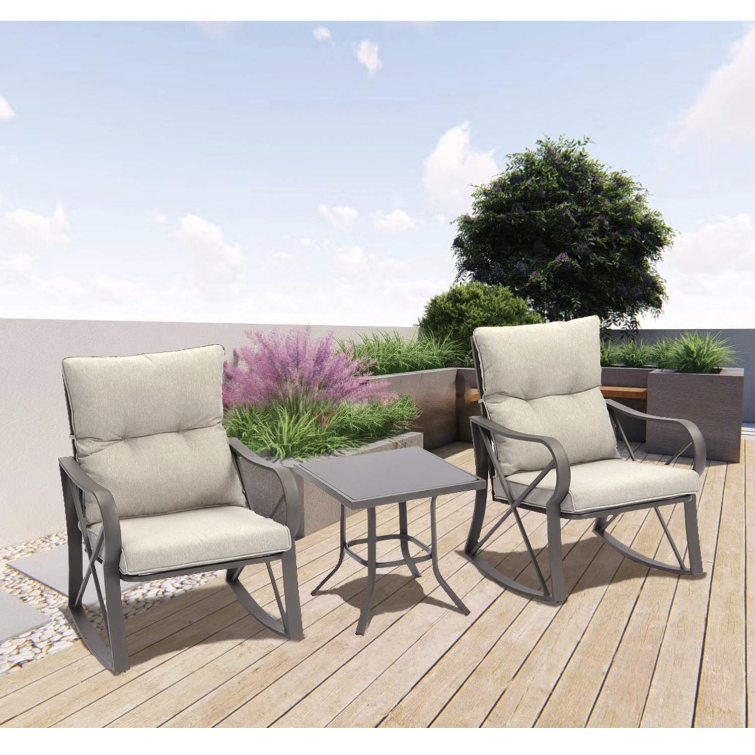 **SUNBURY Outdoor 3-Piece Rocking Bistro Set - Modern Patio Furniture with Warm Gray Cushions & Glass Coffee Table - Small Rocker Conversation Set for Garden, Backyard, Porch, or Balcony - Perfect for Relaxing, Entertaining, and Enjoying Outdoor Moments**