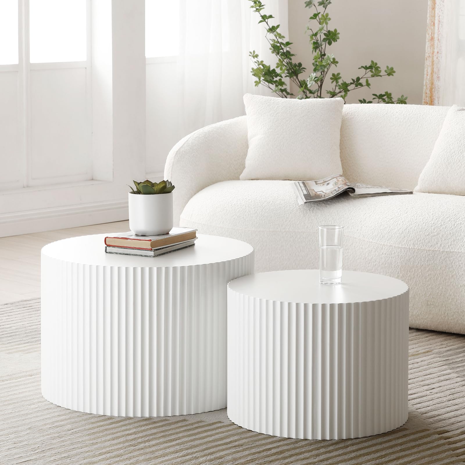 Modern Round Nesting Coffee Table Set of 2 - Handcrafted Wood Drum Side Tables with Embossed Design - White Accent End Tables for Living Room, Bedroom & Office - Perfect for Small Spaces, Coffee Serving & Home Decor