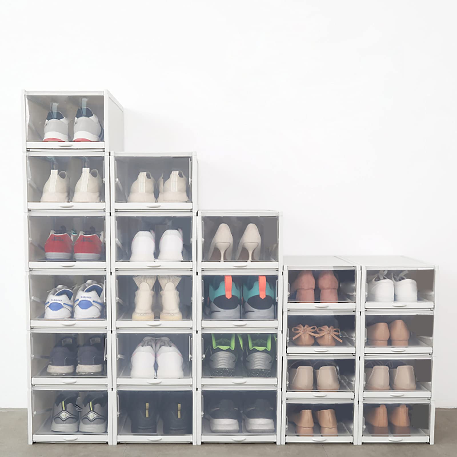 3 Pack Clear Plastic Stackable Shoe Storage Boxes - Foldable Drawer Organizer Bins for Sneakers & Shoes | Space-Saving Closet & Underbed Storage Solution