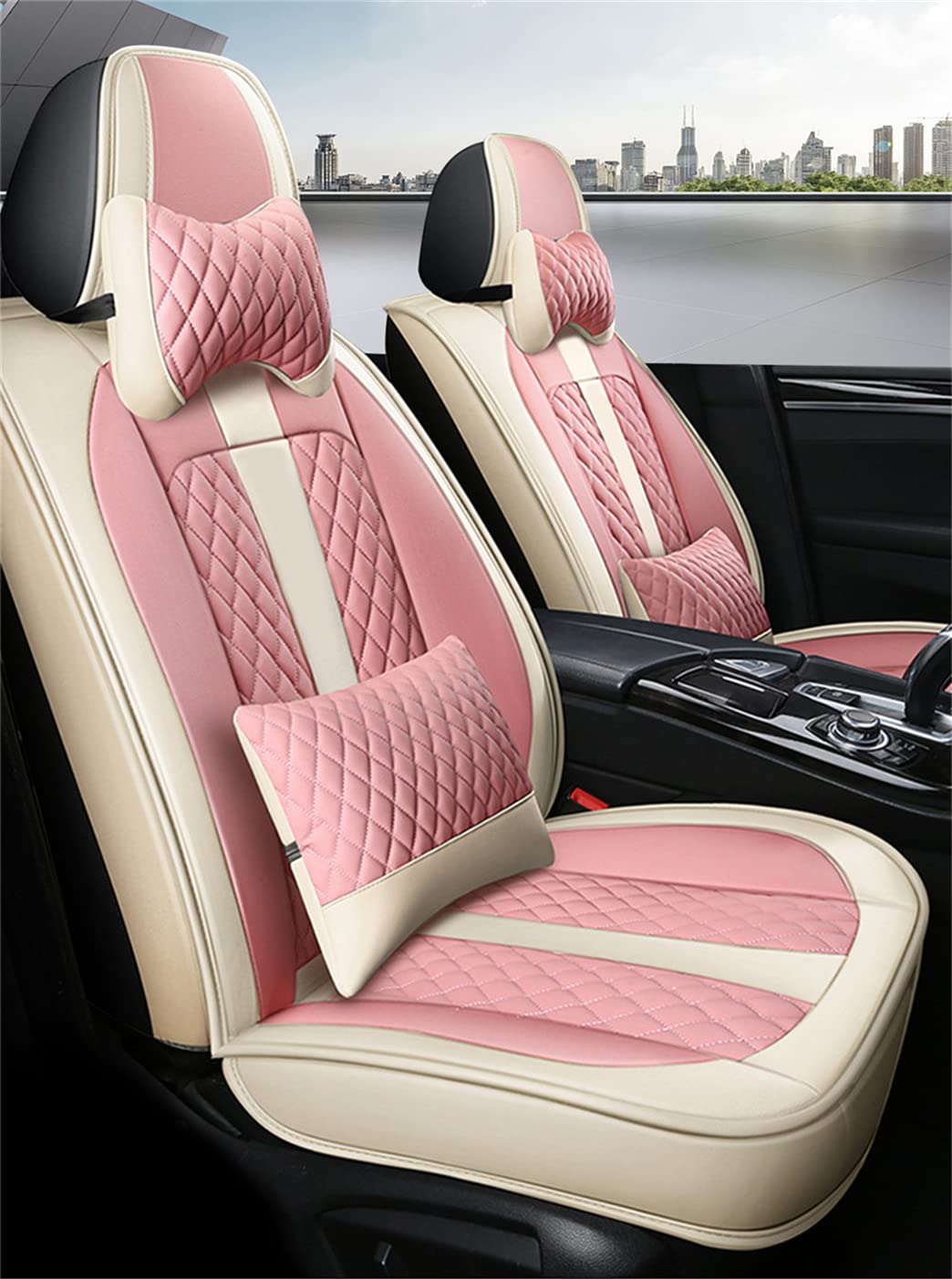 Premium PU Leather Front Seat Covers with Headrest & Backrest Cushions for Corvette C7 C5 - Comfortable, Stylish Pink & Beige Car Seat Protectors - Perfect for Road Trips & Daily Commuting