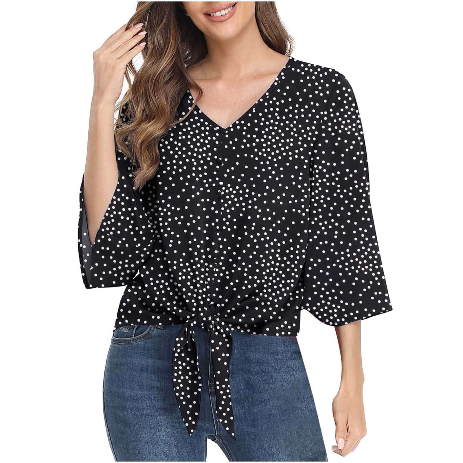 Women's Polka Dot V-Neck Tee - Casual Loose Fit Top for Work & Summer