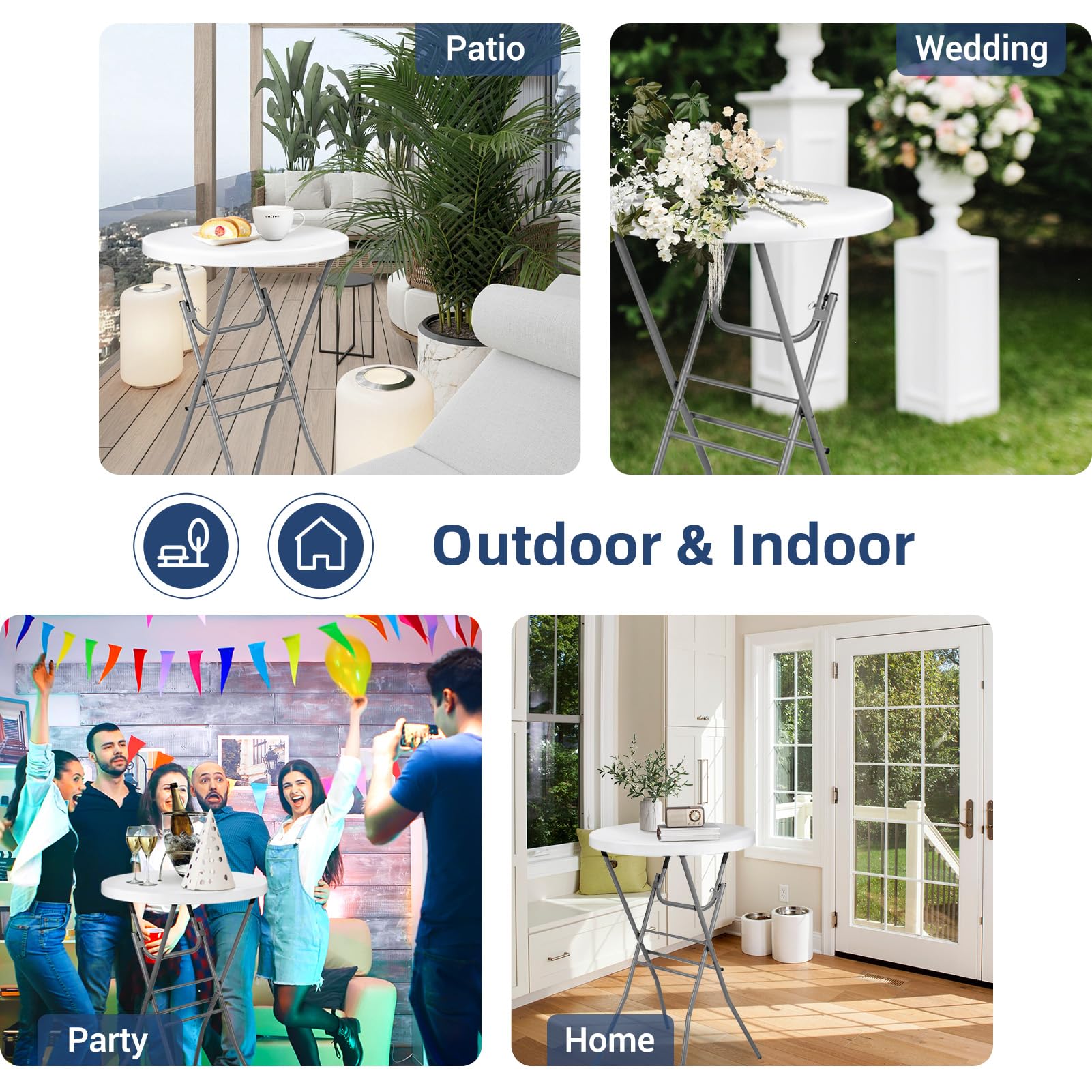 28in White Folding Round High Top Cocktail Table with Removable Legs - 2 Pack | Indoor Outdoor Bistro Bar Height Table for Patio, Backyard, Dining, Wedding & Party Decor | Perfect for Small Space Entertaining, Balcony Seating and Outdoor Gatherings