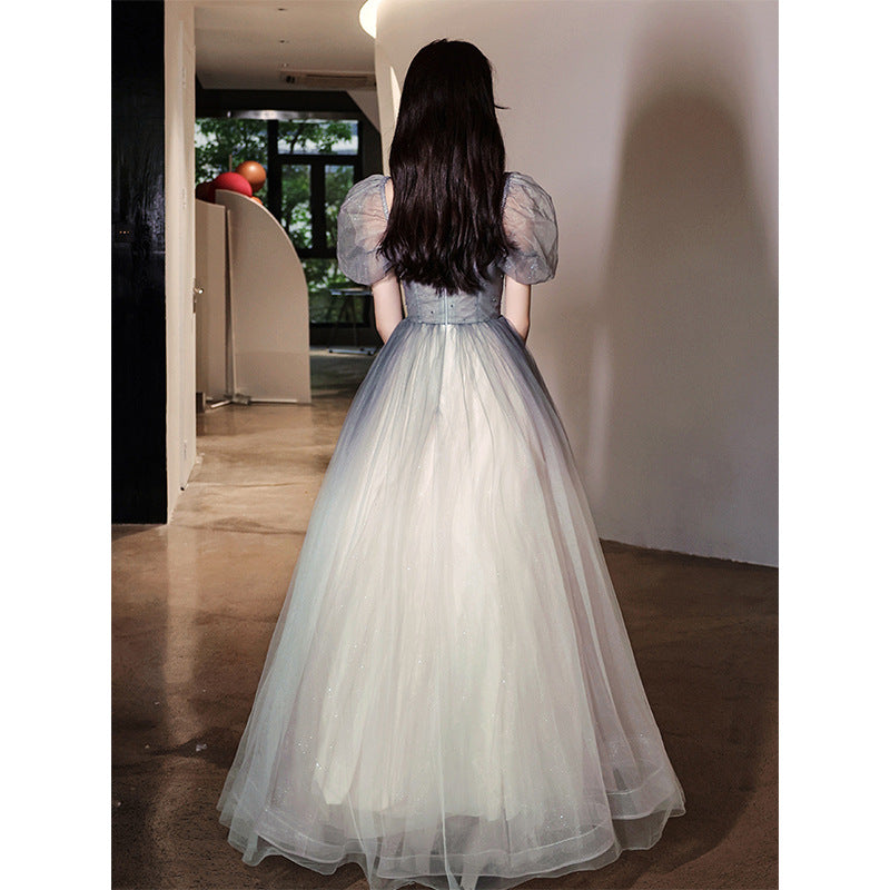 Elegant Gray Long Party Dress with Short Sleeves - Formal Evening Gown for Women - Perfect for Prom, Cocktail Parties & Special Occasions