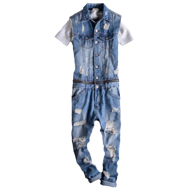 Men's Sleeveless Denim Jumpsuit with Lapel - Ripped Waist Detachable Jeans for Summer - Hip Hop Overalls with Hole Design - Perfect for Streetwear, Music Festivals & Casual Outings