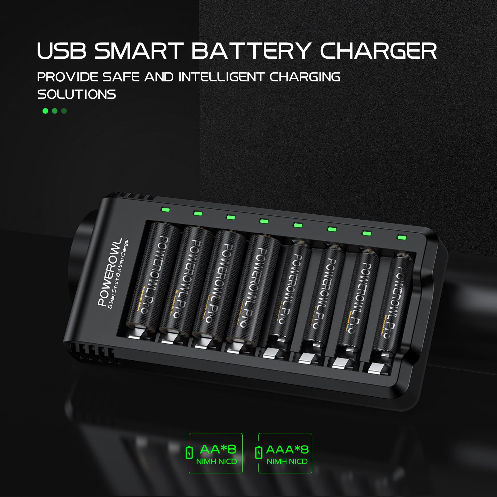 POWEROWL 8 Bay AA AAA Battery Charger - Fast USB Charging Station for Ni-MH Ni-CD Rechargeable Batteries with Independent Slots - Perfect for Home, Office, Travel & Emergency Power Backup (No Adapter Included)