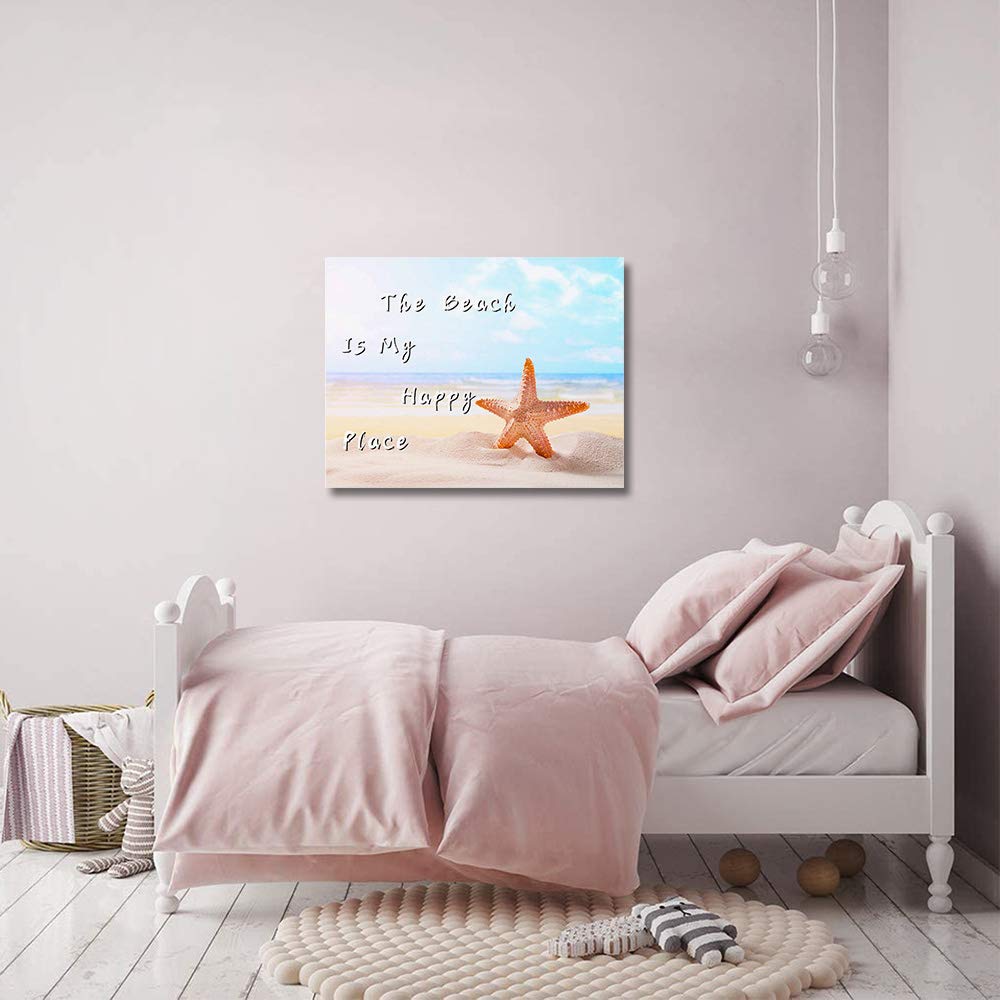 Large Canvas Wall Art 20x24 Inch - Beach Scenery Painting with Starfish, 'The Beach is My Happy Place' - Frameless Ocean Themed Decor for Living Room, Bedroom & Kitchen - Perfect for Coastal, Nautical or Vacation Home Decor
