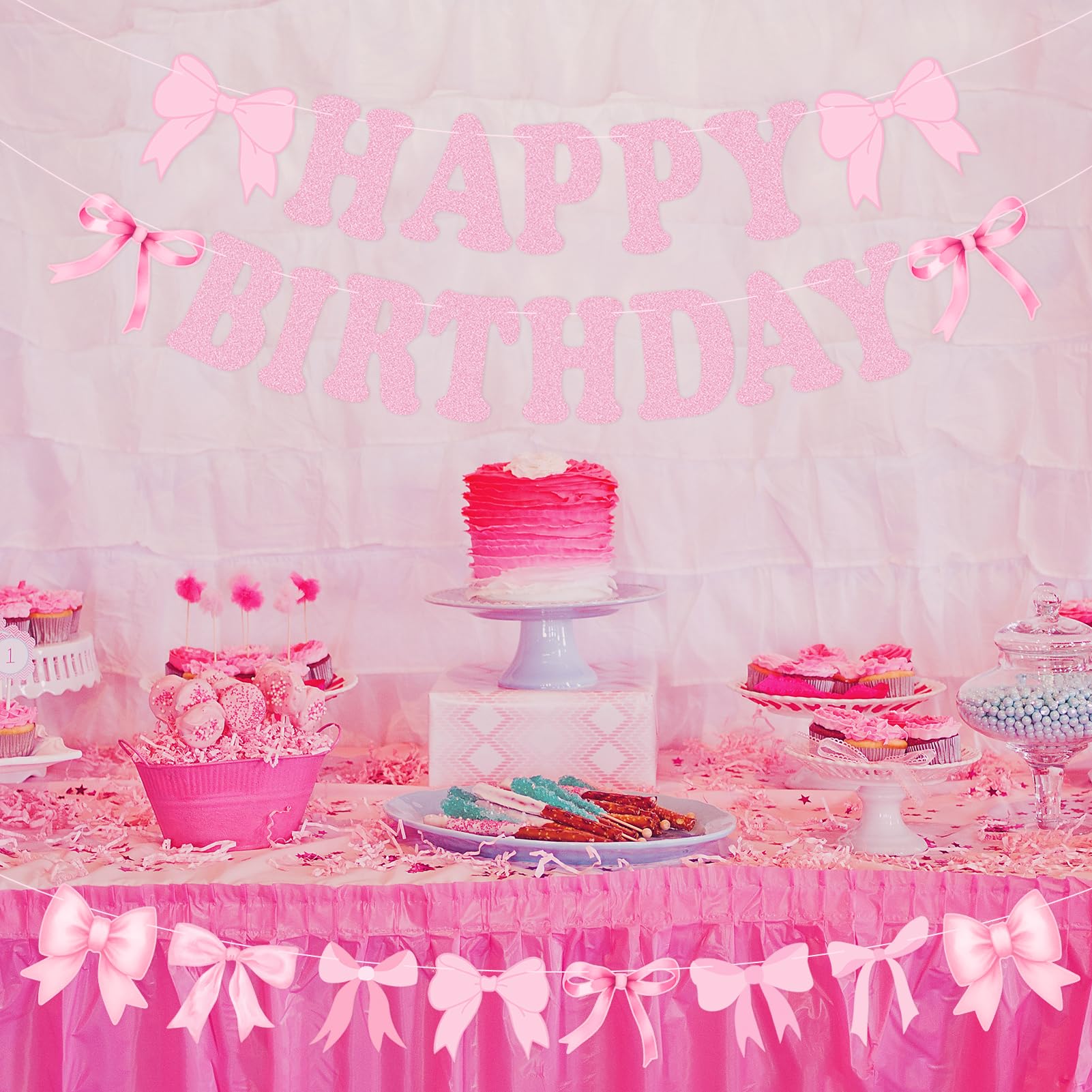 Happy Birthday Banner with Pre-Strung Pink Bows - Elegant Garland for Women & Girls Birthday Party Decorations | Perfect for Baby Showers, Bridal Showers, and Birthday Party Backdrops