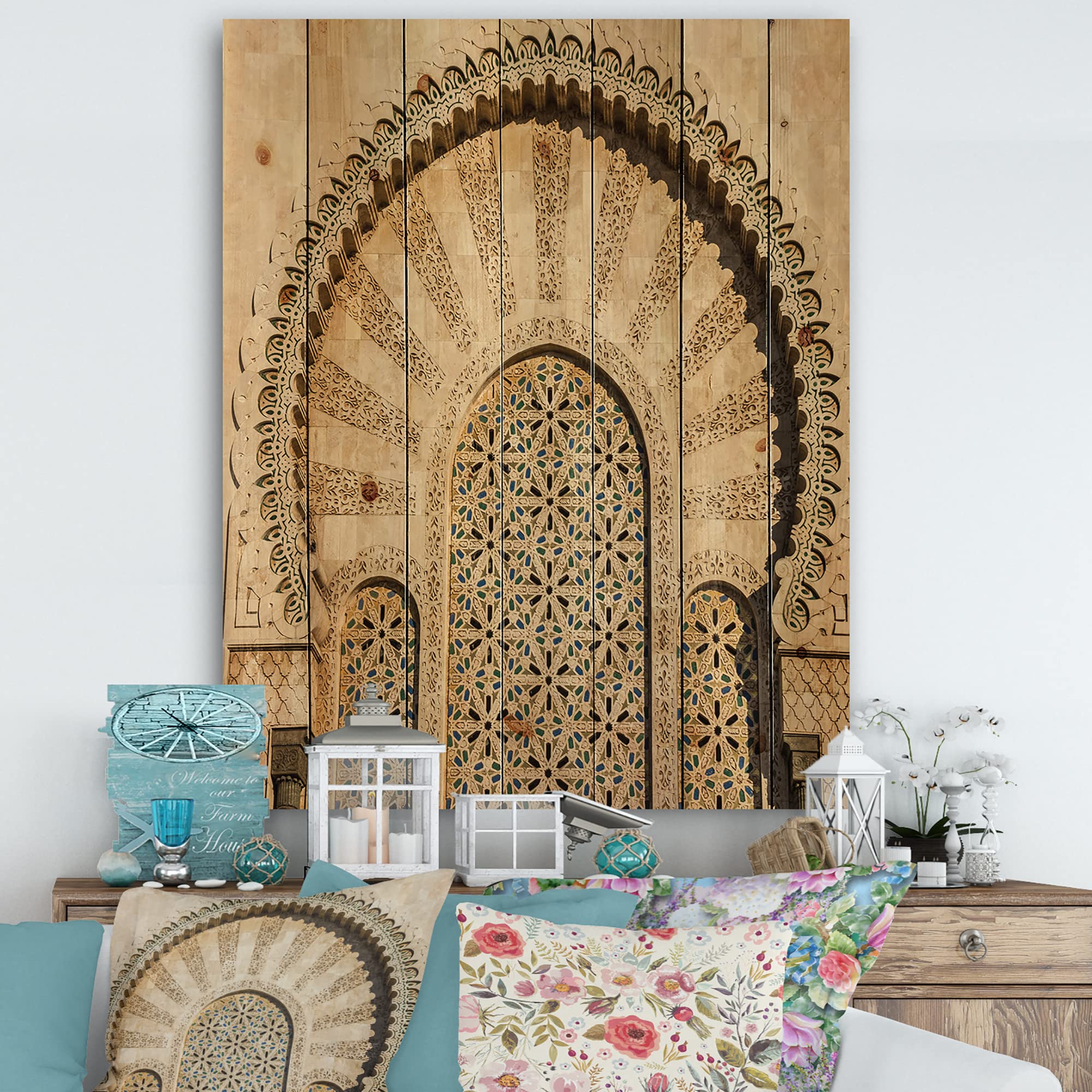 DesignQ Traditional Moroccan Mosque Door Wood Wall Decor - Handcrafted Yellow Wood Wall Art, Large Abstract Wood Panels on Natural Pine - Perfect for Boho Home Decor, Living Room Accent & Cultural Wall Art Display