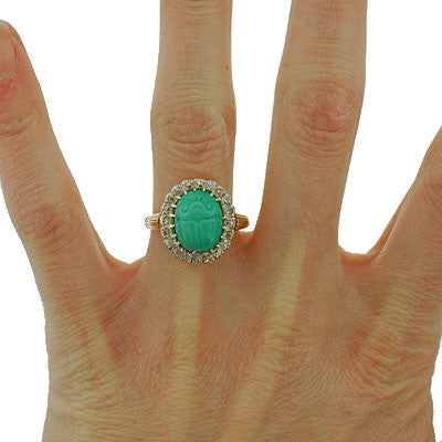Edwardian Platinum & 18kt Gold Diamond & Turquoise Scarab Ring - Vintage Jewelry for Women, Elegant Cocktail Ring, Perfect for Weddings, Parties & Special Occasions