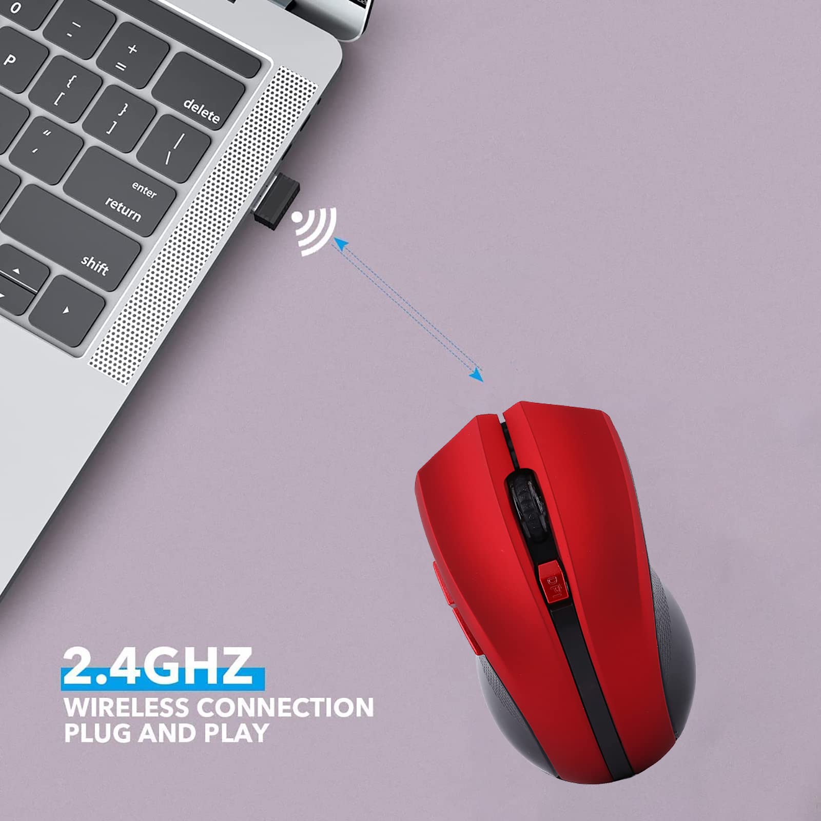 Wireless Gaming Mouse 2.4G RGB Optical Mouse with 6 Programmable Buttons, 10-15M Range for PC Laptop Desktop - Plug & Play, Ergonomic Design (Red) - Perfect for FPS, MOBA Games & Office Work