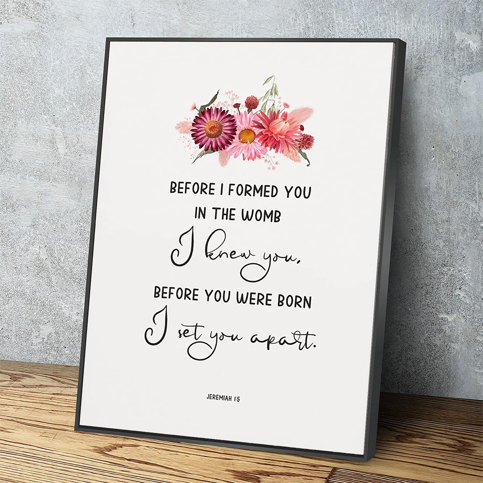 Jeremiah 1:5 Bible Verse Canvas Wall Art - 'Before I Formed You in the Womb I Knew You' Inspirational Scripture Print with Black Metal Frame (12x8 Inches) - Perfect for Home, Office, Church & Nursery Decor - Ready to Hang Modern Christian Wall Art