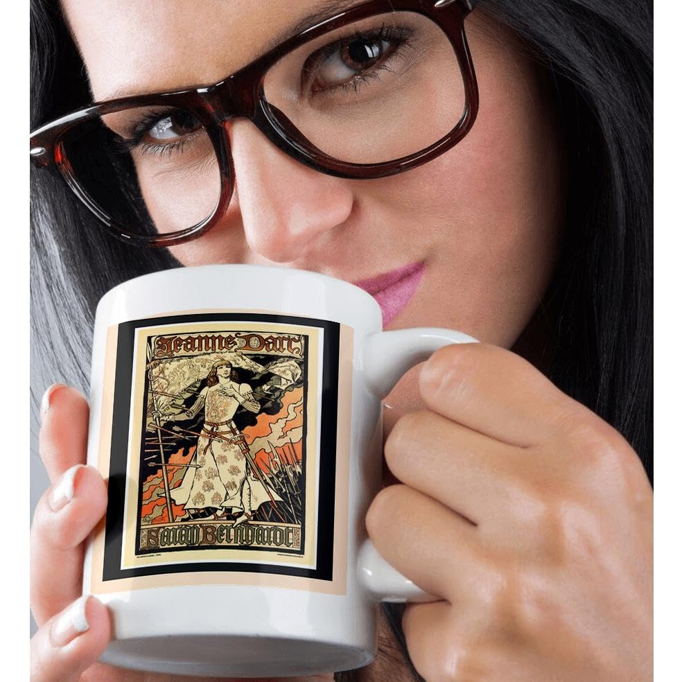 3dRose Joan of Arc Art Nouveau Poster Ceramic Mug - 11-Ounce Peach & Black Framed Coffee Cup - Perfect for Home, Office & Gift Giving
