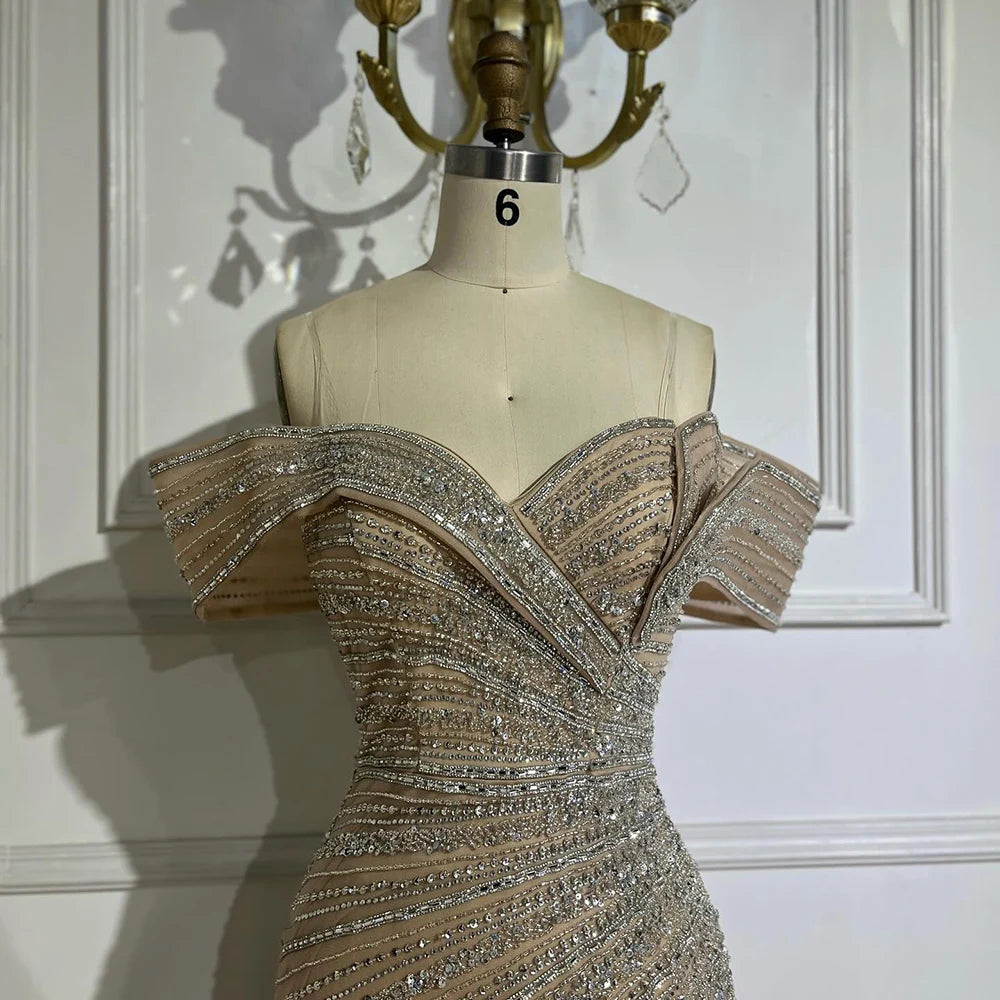 Luxury Dubai Arabic Silver Nude Mermaid Beaded Evening Gown with High Slit for Formal Occasions, Weddings, Parties & Special Events - Saudi LA72481A