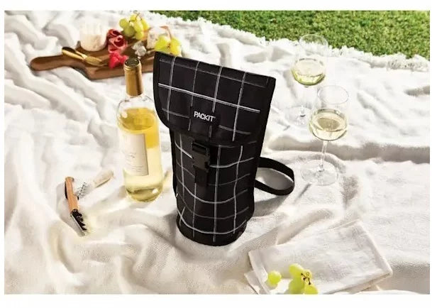 Packit Freezable Wine Cooler Bag - Insulated Black Grid Design for Chilling & Transporting Wine Bottles - Perfect for Picnics, Parties & Travel