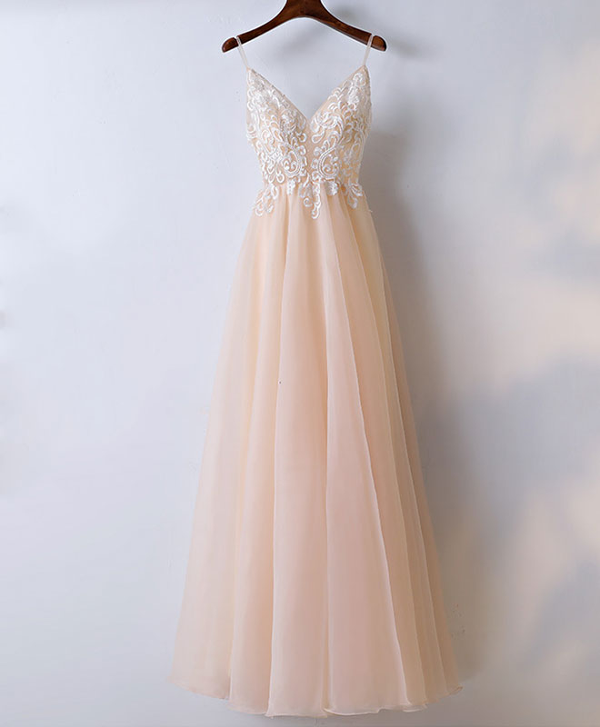 Elegant Champagne V-Neck Tulle Long Prom Dress with Lace Detailing - Perfect for Evening Gala, Formal Dances & Special Occasions