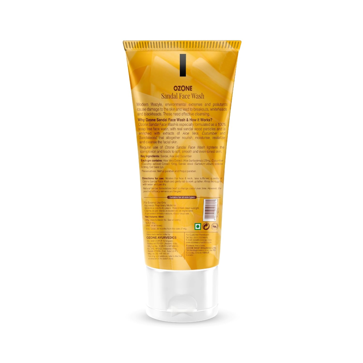 Ozone Sandalwood Face Wash for Men & Women - Anti-Pollution Cleanser with Sandalwood Extract for Soft, Smooth Skin & Even Skin Tone - 60ml (Pack of 3) - Ideal for Daily Skincare Routine & Travel Size Convenience