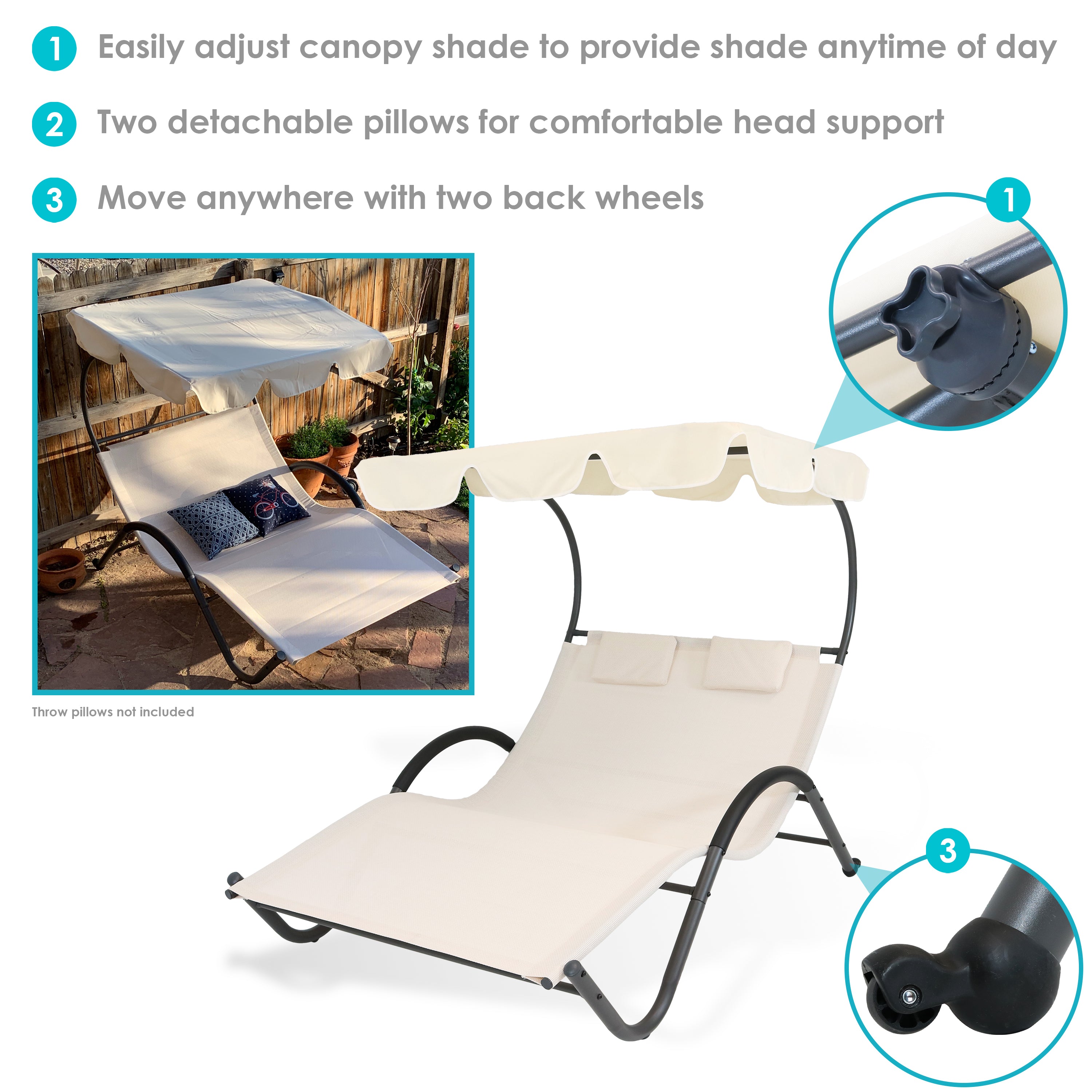 Sunnydaze Double Chaise Lounge with Canopy & Headrest Pillow - Beige Outdoor Patio Furniture for Poolside, Garden, or Backyard Relaxation