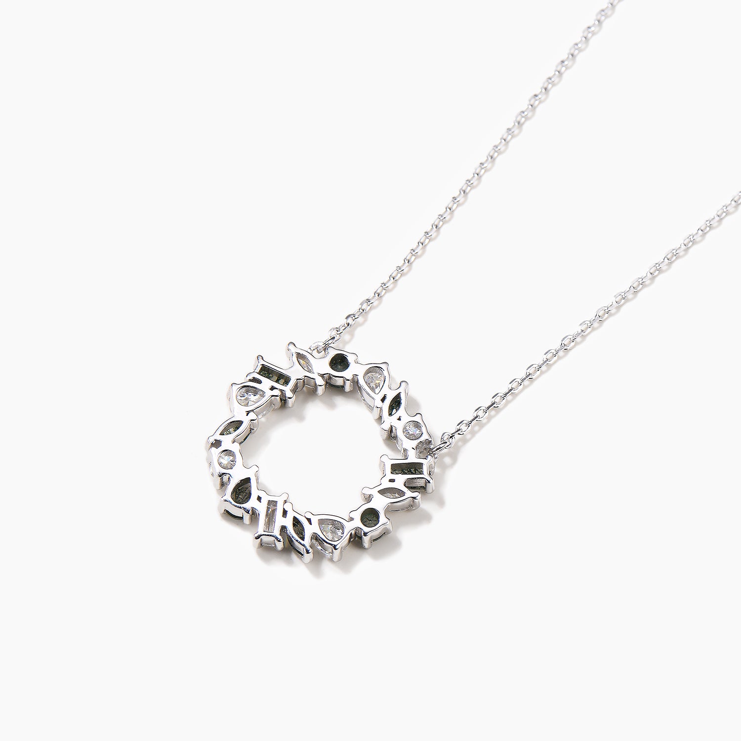 Natural Moss Agate and Moissanite Mixed Cut Circle Pendant Necklace in 14K White Gold - Elegant Jewelry Gift for Women, Perfect for Weddings, Anniversaries & Everyday Wear