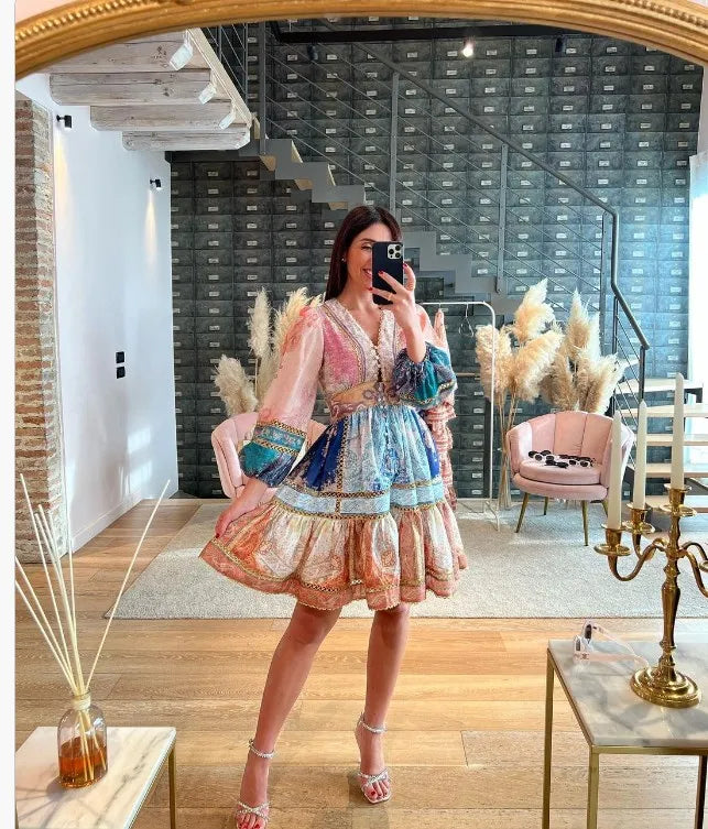 Women's Fashion Puff Sleeve Patchwork Print Midi Dress - Sexy V-Neck High Waist Long Dress for Vacation & Streetwear | Summer Beach Outfit, Date Night Dress, Party Wear