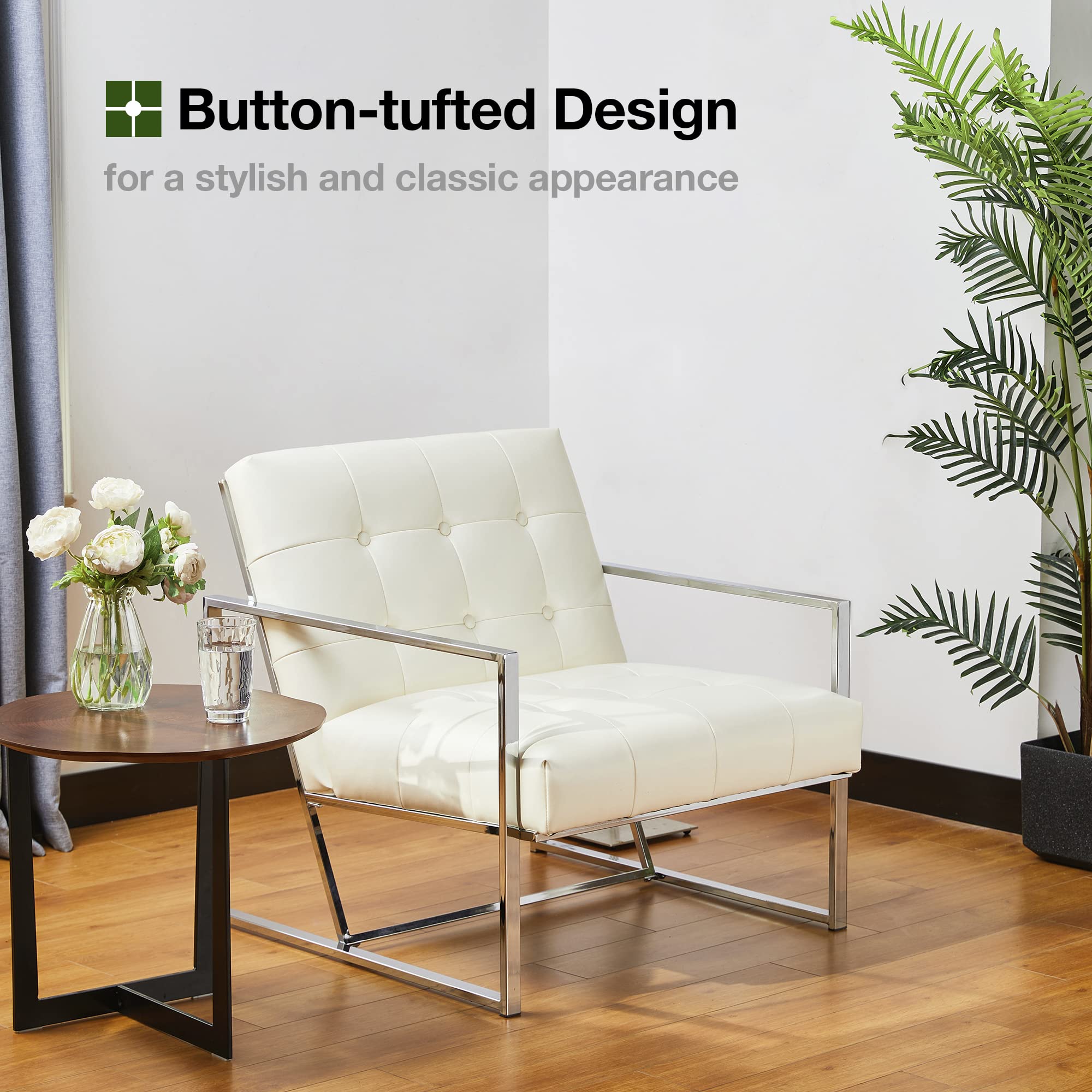 Glitzhome Mid Century Modern Accent Chair - Durable Metal Frame & PU Leather Cushioned Armchair for Living Room, Bedroom, Home Office - Off White | Perfect for Reading Nooks, Lounge Areas & Contemporary Decor