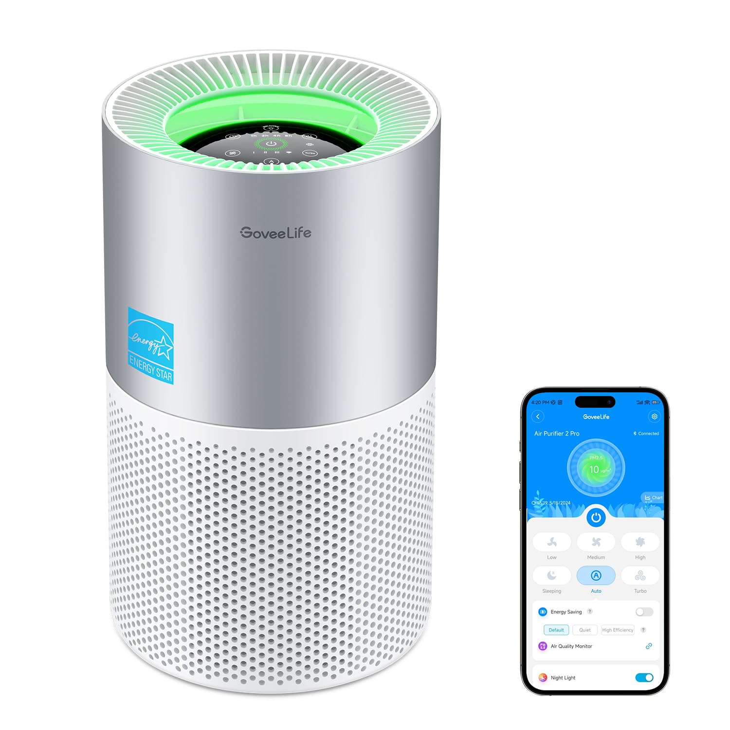 GoveeLife Smart WiFi Air Purifier for Large Rooms up to 1162ft² - HEPA Filter with PM2.5 Sensor, Air Quality Monitor & Alexa Control - Removes Pet Hair, Dust, Pollen & Smoke - Ideal for Bedrooms, Living Rooms & Offices
