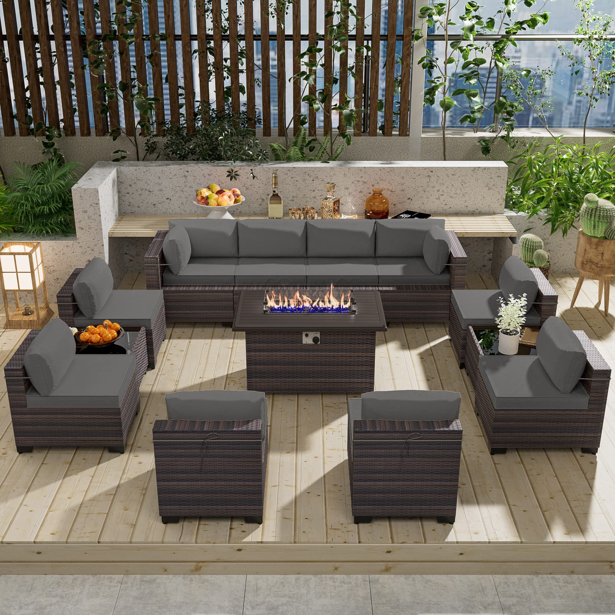 13-Piece Outdoor Patio Furniture Set with Propane Fire Pit Table - Grey Patio Sectional Sofa Conversation Set w/ ETL-Approved 43