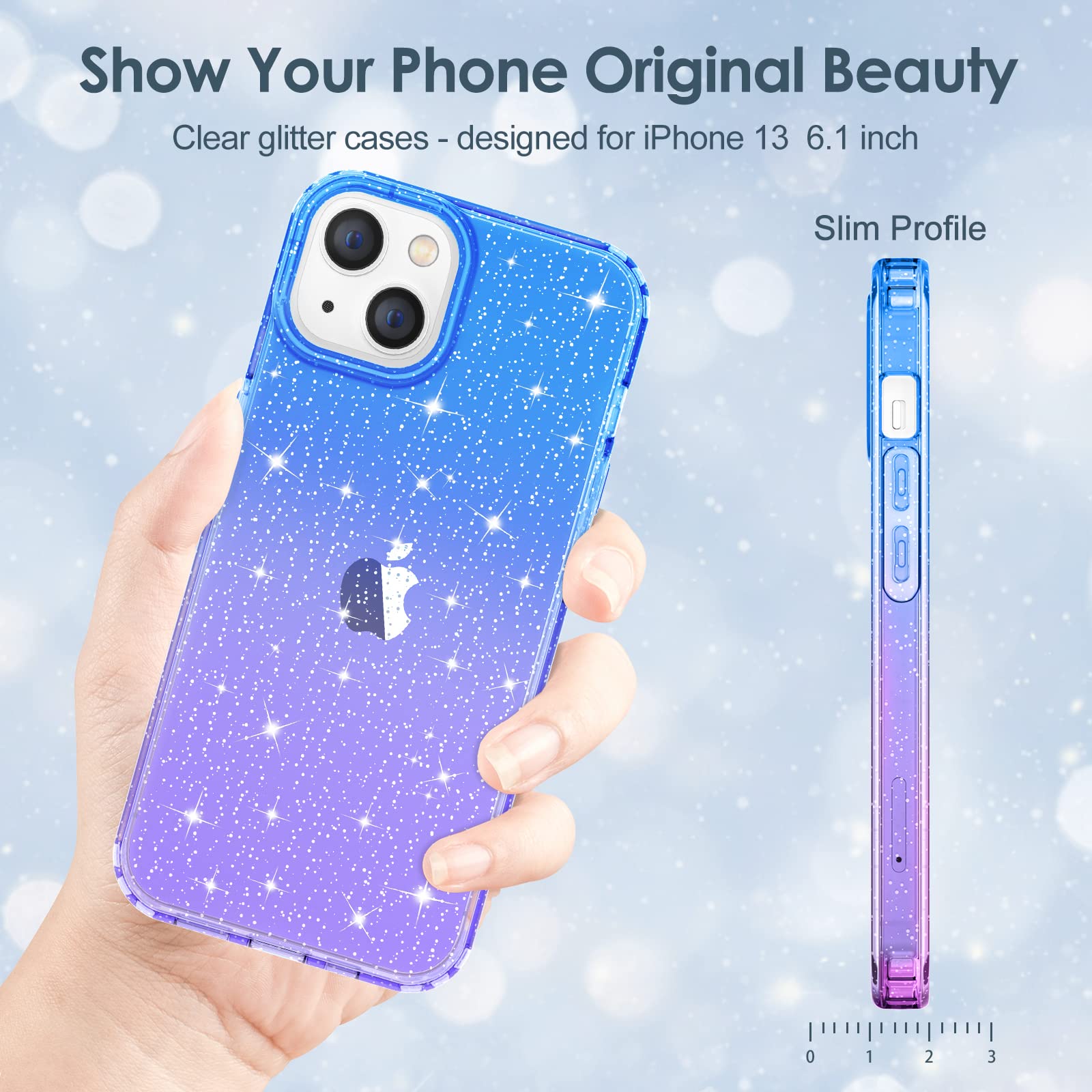 Hython Glitter Case for iPhone 13 - Sparkly Clear TPU Protective Cover with Anti-Scratch & Shockproof Design | Slim Fit Cute Phone Case for Women & Girls (Blue/Purple Glitter) | Perfect for Everyday Use, Parties & Gifting