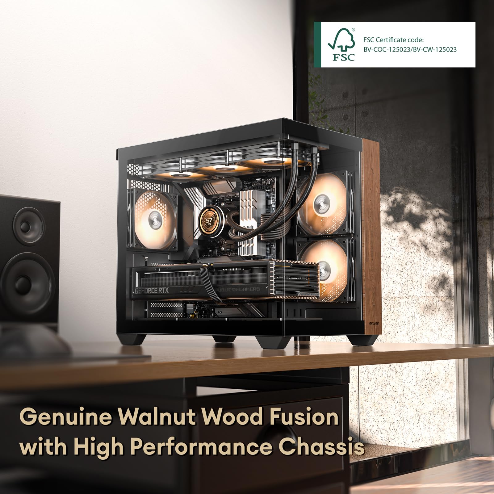 Premium Walnut Wood ATX Mid-Tower PC Case - 4 x 120mm ARGB PWM Fans Pre-Installed, USB Type-C Port, Tempered Glass Side Panel - Black Mirage 6 Gaming Computer Case for Home Office & Streaming Setup