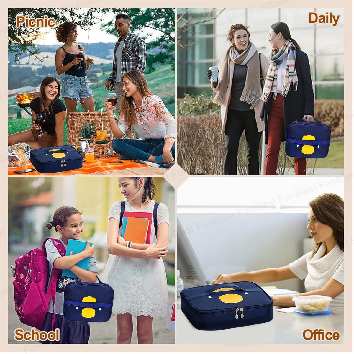 FunBlast Insulated Lunch Bag - Reusable Thermal Lunch Box for Office, School, Picnic & Travel - Leakproof Food Storage Tote for Men & Women - Perfect for Meal Prep, Work Commutes & Outdoor Adventures (Blue)