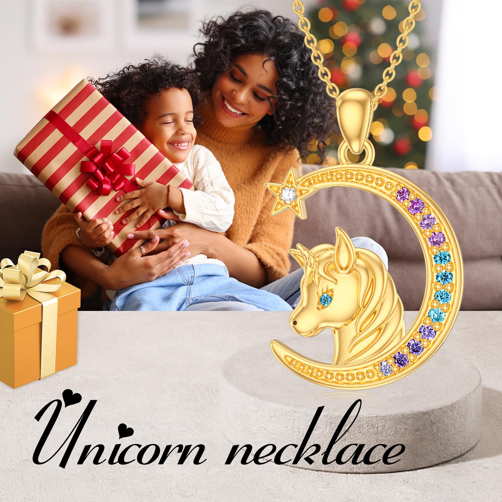 14K Gold Unicorn Necklace for Women - Dainty Moon & Star Pendant, Yellow Gold Jewelry Gift for Wife, Girlfriend, Daughter | Birthday, Anniversary, Valentine's Day Present