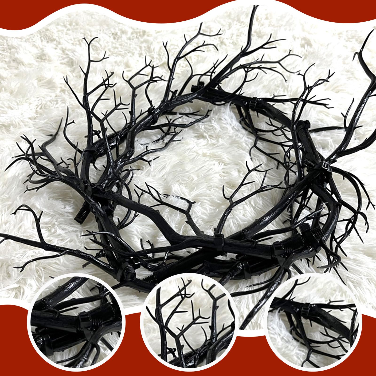20IN Large Glitter Black Branch Halloween Wreath with Purple LED Lights - Handmade Gothic Front Door Decor for Halloween, Christmas, Fall Season - Perfect for Porch, Mantel & Window Display