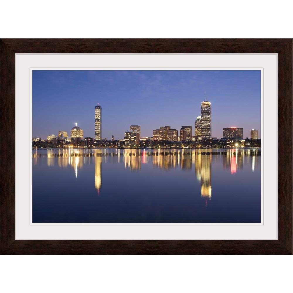 GREATBIGCANVAS Boston Skyline Sunset Wall Art - MIT Cambridge Framed Canvas Print, 36x24 Inches, Espresso Wood Frame - Perfect for Living Room, Bedroom & Office Decor
