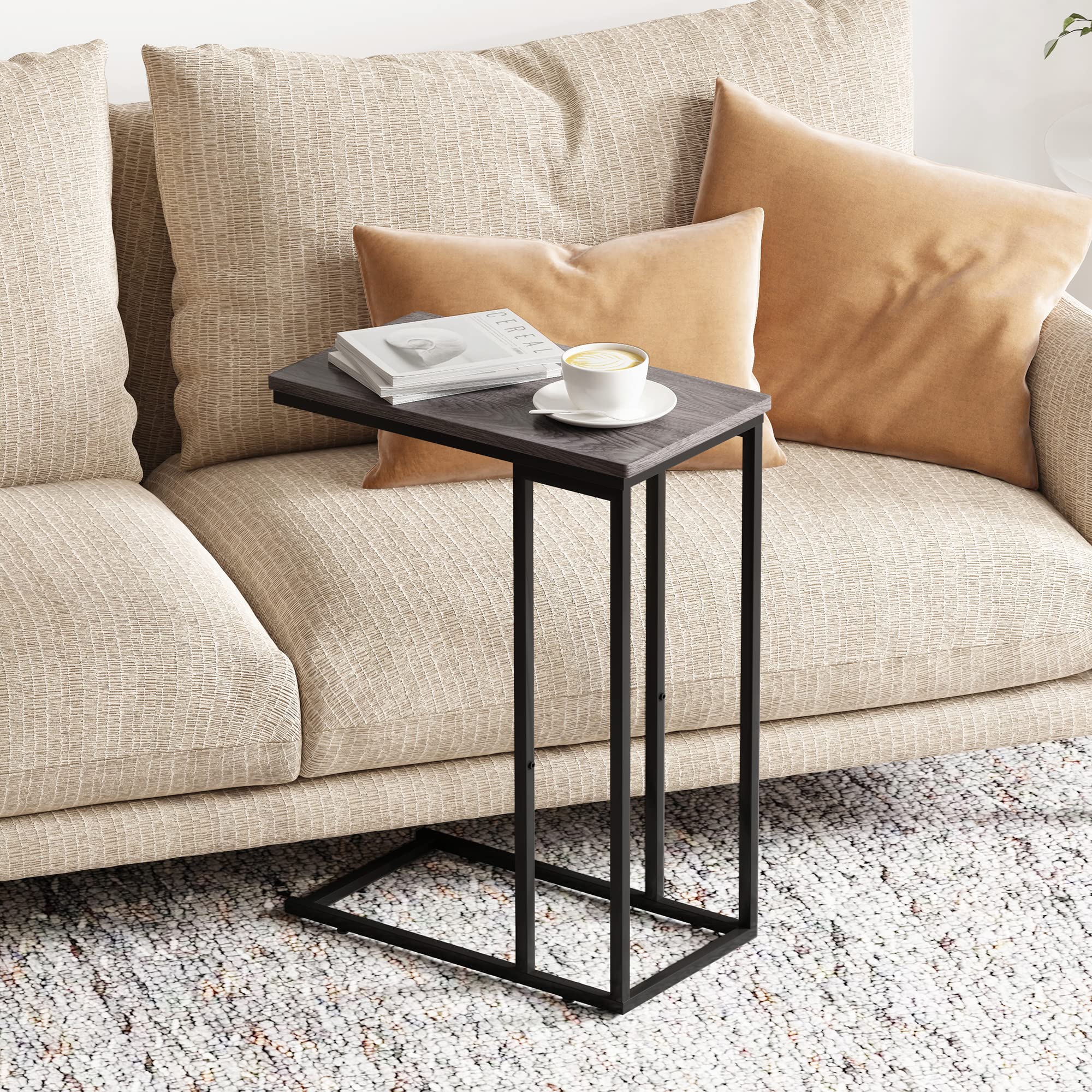 Slim Narrow C-Shaped End Table for Sofa & Bed - Slide Under Furniture, Small Space-Saving Side Table for Living Room, Bedroom, Office - Easy Assembly Grey - Perfect for Coffee, Laptop, Snacks & Reading