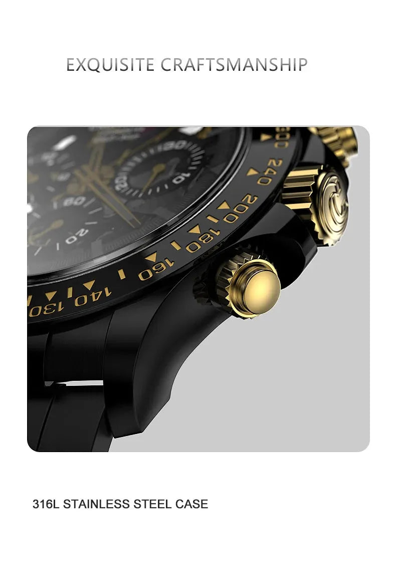 CRONUSART Men's Automatic Chronograph Watch 42mm - Luminous Triple Window Hollow Dial, Fluororubber Strap - Mechanical Wristwatch for Business, Casual & Outdoor Activities