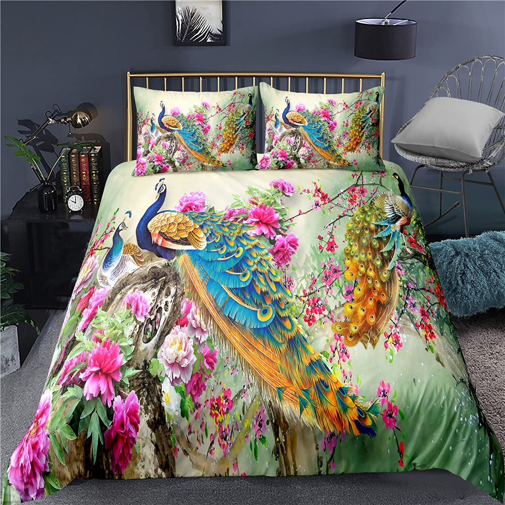 NBKLS Peacock Feather Duvet Cover Set - King Size 3-Piece Bedding with Beautiful Peacock Design for Men & Women (104x90in + 20x30in Pillowcases) - Perfect for Master Bedroom Decor, Guest Room Makeover & Seasonal Home Styling