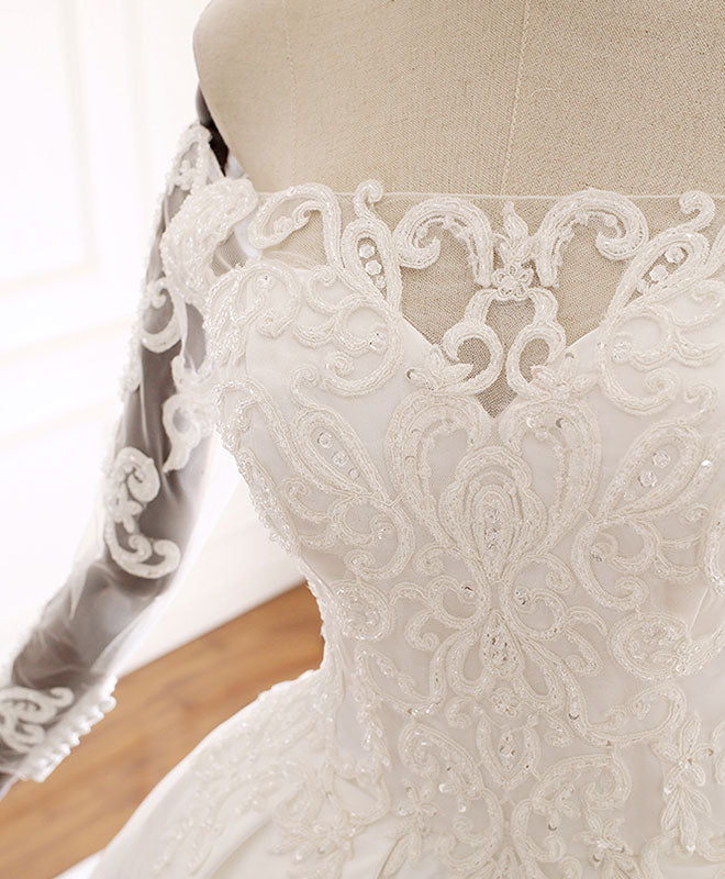 Elegant White Lace Satin Long Wedding Dress - Romantic A-Line Bridal Gown with Beading & Train - Perfect for Church Ceremonies, Beach Weddings & Formal Receptions