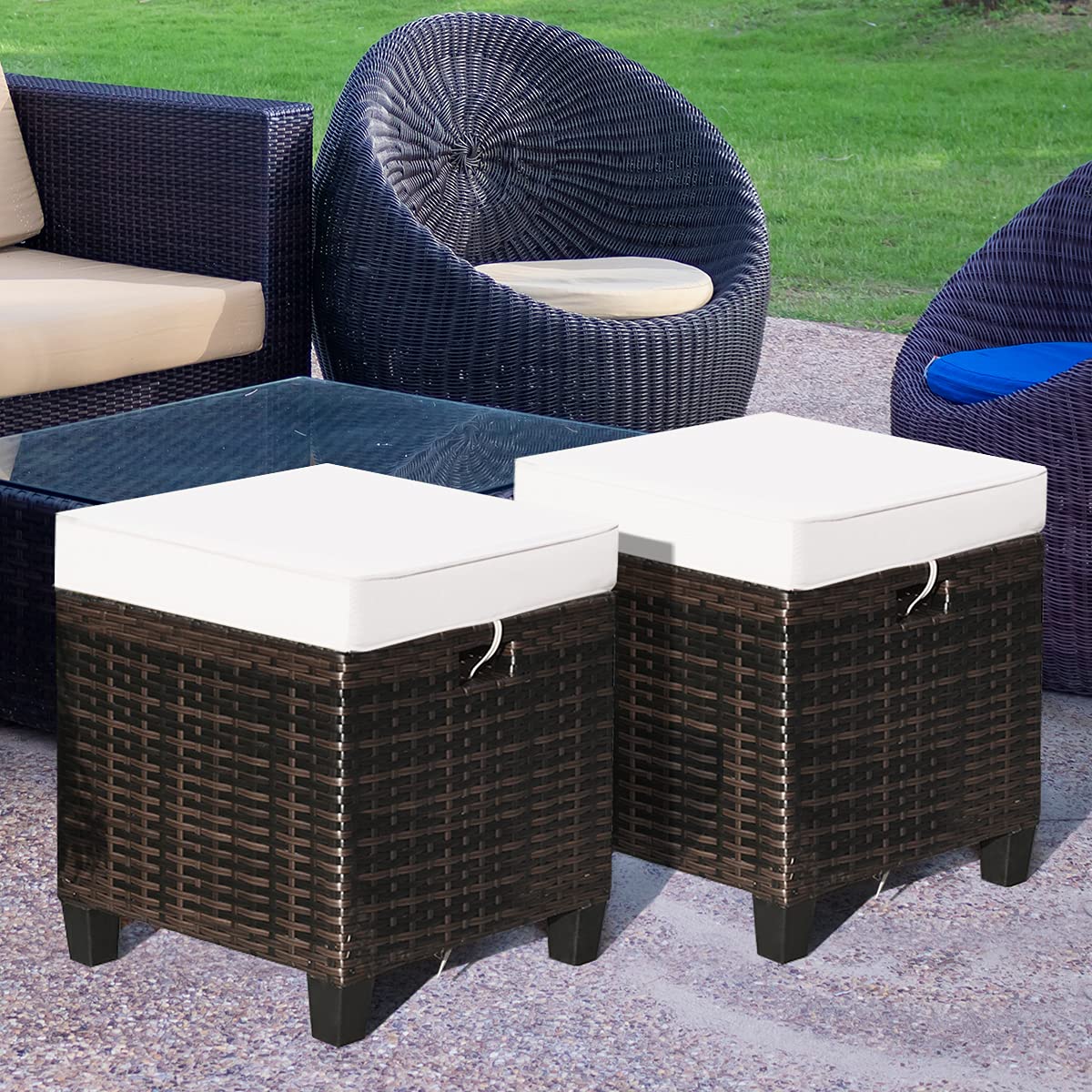 2PCS Rattan Wicker Ottoman Set with Removable Cushions - Patio Footstool Footrest Seat for Outdoor Living, Garden, Backyard & Home Decor (Cream) | Perfect for Relaxing, Coffee Tables, and Lounge Chairs