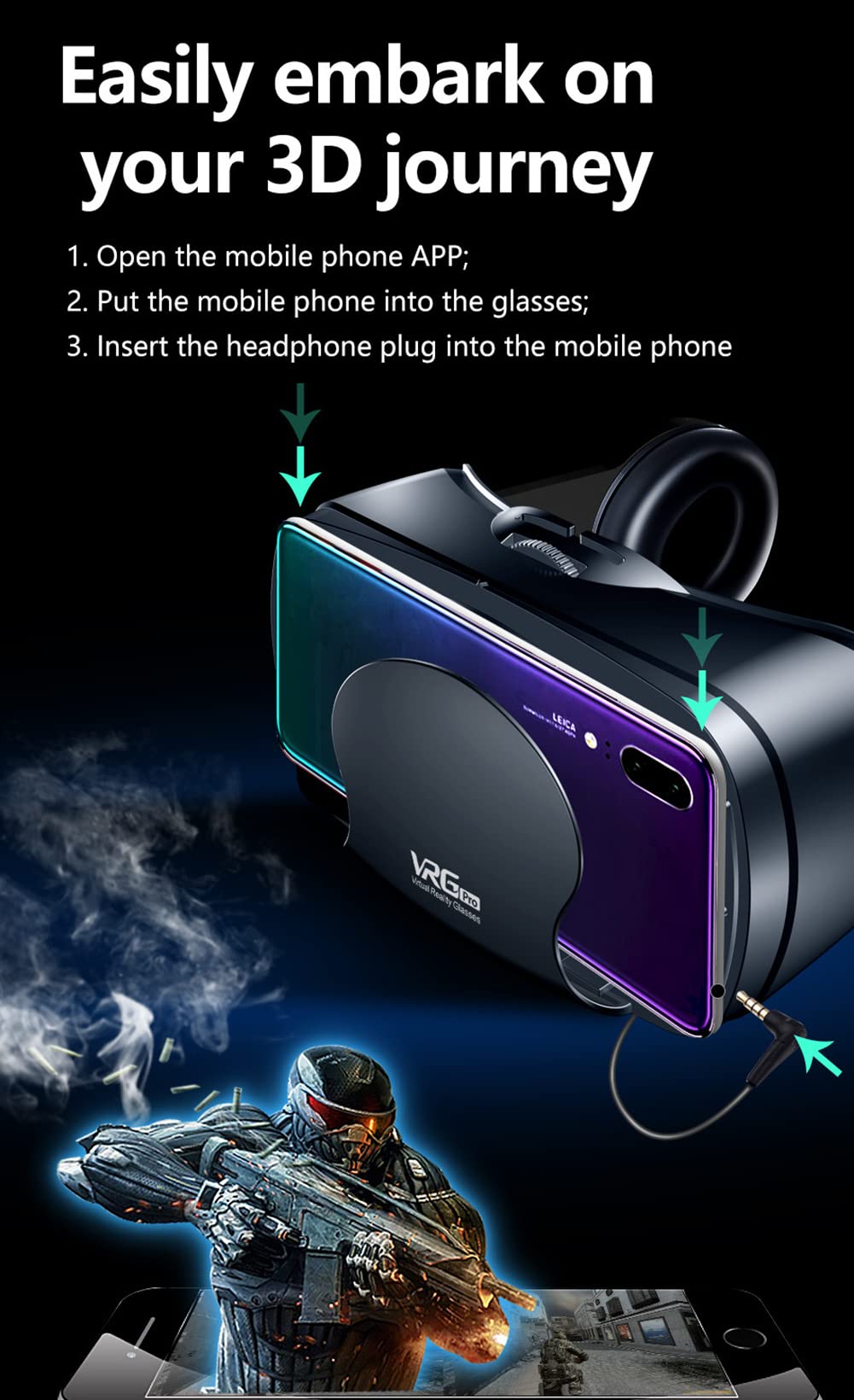 3D VR Virtual Reality Headset with Remote Control for 3D Movies & VR Gaming - Adjustable Eye Care System, Anti-Blue Light for iOS & Android Smartphones (Black) - Perfect for Home Entertainment, Gaming, and Movie Nights