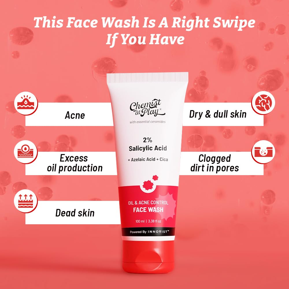 Chemist at Play 2% Salicylic Acid Face Wash for Oily & Acne-Prone Skin with Niacinamide | Sulfate-Free Anti-Acne Cleanser for Men & Women | Prevents Breakouts & Controls Excess Oil | 100ml | Perfect for Daily Skincare Routine & Post-Workout Cleansing