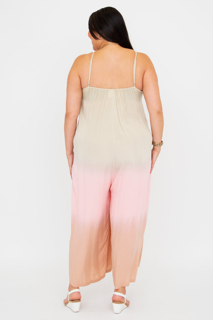 Ender Jumpsuit - Tan Dip Dye Women's Romper | Stylish Casual Outfit for Summer, Beach, and Outdoor Activities