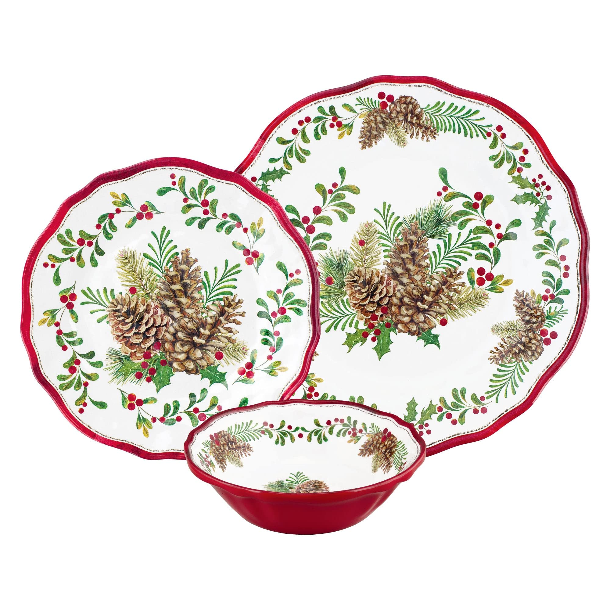 UPware 12-Piece Melamine Dinnerware Set - Pinecone Design Plates & Bowls for 4, Durable Outdoor Dishes, Christmas Tableware - Perfect for Picnics, Camping & Holiday Decorations