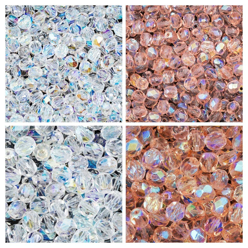 Premium Czech Fire-Polished Glass Beads Set - 300pcs Round Beads in 4mm & 6mm Sizes, Crystal AB & Rosaline AB Colors - DIY Jewelry Making Kit for Necklaces, Bracelets, Earrings & Craft Projects