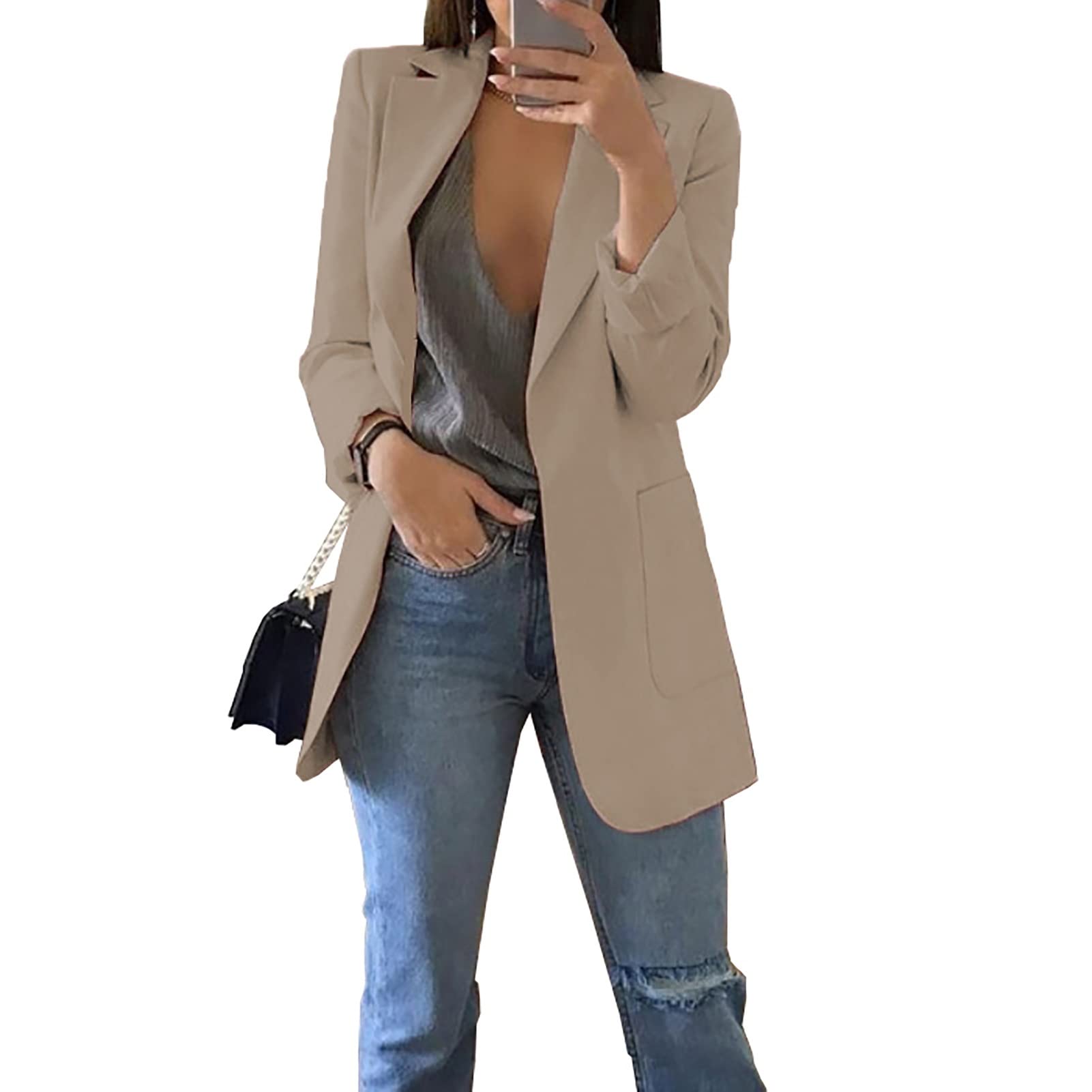 Women's Stylish Casual Work Office Blazer with Pockets - Long Sleeve Jacket for Business, Meetings, and Everyday Wear