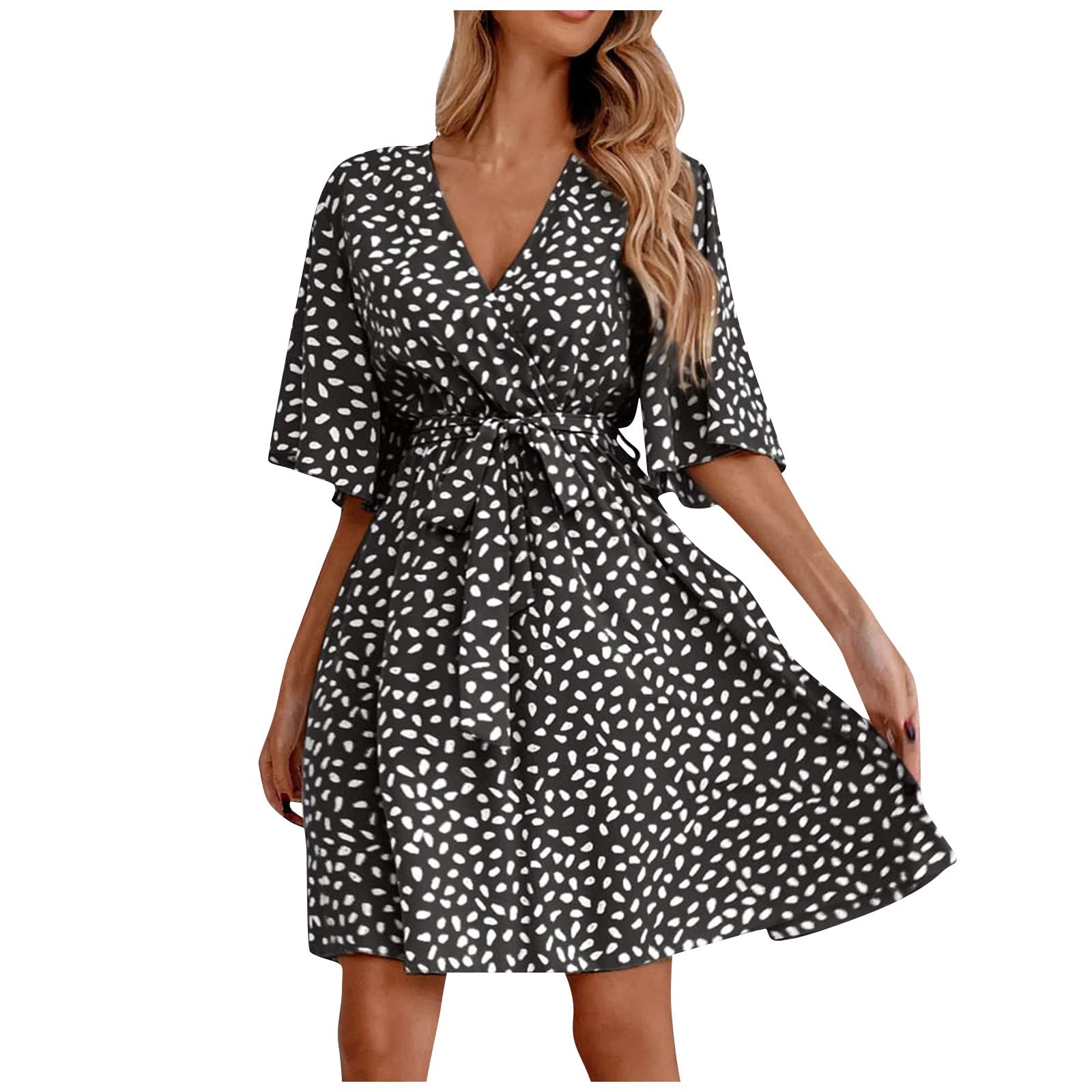 Elegant Wedding Guest Dresses for Women - Fashion Casual Loose Fit Short Sleeve Printed V-Neck Dress with Belt | Perfect for Summer Weddings, Garden Parties & Special Occasions