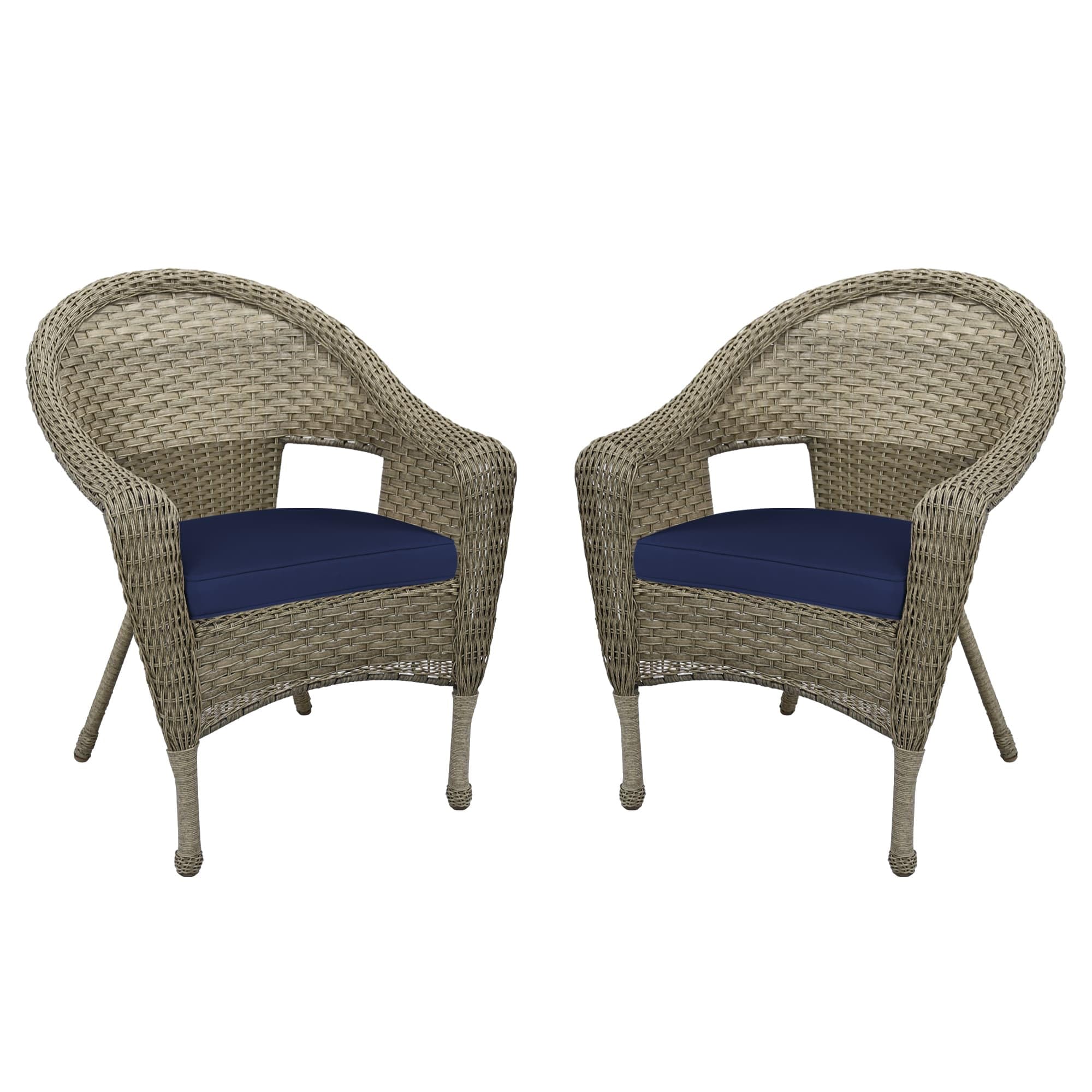 Jeco W00402G_2-FS011 Set of 2 Outdoor Resin Wicker Patio Chairs with Grey Frame & Midnight Blue Cushions - Perfect for Poolside, Garden, or Balcony Relaxation